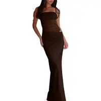 Torribaly Robe longue moulante sans manches à découpes et dentelle pour femme, col carré, avec corset transparent, marron, taille L