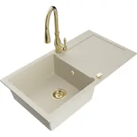 Mexen Leo Évier en granit 1 bac avec égouttoir et mélangeur Savita, Beige - 6501-69-672601-50