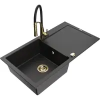 Mexen Leo Évier en granit 1 bac avec égouttoir et mélangeur Aster, métal noir/argent - 6501-73-73450-57-G