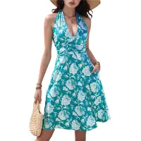 Semoic Robe portefeuille d'été sans manches à col en V pour femme, motif floral