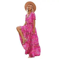 Torribaly Robe d'été décontractée à fleurs style bohème pour femme, robe longue bouffante à manches courtes et poches, rouge, taille S