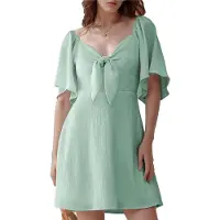 Typecat Robe courte élégante à col en V profond et nœud papillon, vert clair, taille S