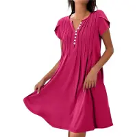 Torribaly Robe d'été à manches courtes pour femme, col en V, coupe ample, décontractée, fluide, plissée, maxi tunique, plage, rose, rouge, taille M