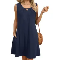 Typecat Robe d'été à plis creux sans manches et col rond pour femme, couleur unie, avec poches, Tibet M