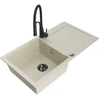 Mexen Leo Évier en granit 1 bac avec égouttoir et mitigeur Aster, Beige - 6501-69-73450-70-B