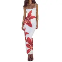 Torribaly Robe longue à fleurs pour femme, été 2025, bretelles spaghetti, moulante, en maille, robe de plage, vacances, blanc, taille L