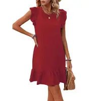 Torribaly Robe d'été pour femme, col rond, manches courtes, ourlet à volants, mini-robe décontractée, rouge, taille L