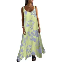 Typecat Robe d'été à bretelles spaghetti sans manches et col en V pour femme, style bohème, motif floral, maxi, jaune, taille L