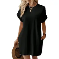 Jojomino Robe ample à manches courtes et col rond, couleur unie, avec poches