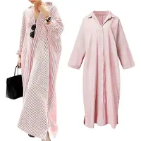 Torribaly Robe chemise longue décontractée à manches longues et boutons pour femme, ample et rayée, rose, taille XXL