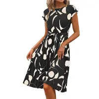 Jojomino Robe fleurie pour femme, col ras du cou, manches courtes, ceinture nouée, style mi-longue, fluide, style bohème, robe de plage, noire, taille L