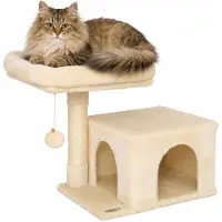 Lionto Arbre à chat 50 cm, peu encombrant, recouvert de peluche, balle de jeu & tige en sisal, pour chatons & jeunes animaux, beige