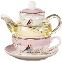 Torribaly Théière en céramique avec soucoupe et tasse à oiseaux, résistante à la chaleur, pour le café, le thé de l'après-midi, rose