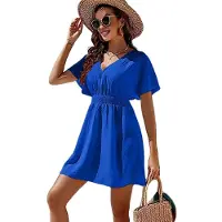 Torribaly Robe de plage décontractée d'été à col en V pour femme, couleur unie, à volants, manches courtes, ample, bleu, taille S