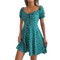 Typecat Robe courte d'été pour femme, col en cœur, manches bouffantes, cordon de serrage, coupe trapèze, vert, taille XL