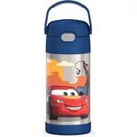 Thermos Bouteille d'eau FUNTAINER avec paille - 12 onces, voitures - Bouteille d'eau isol?e sous vide en acier inoxydable pour enfants avec couvercle