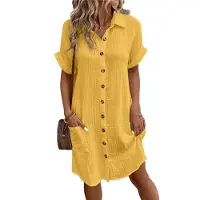 Semoic Chemise d'été décontractée en coton et lin pour femme, col en V et boutons