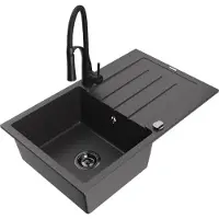 Mexen Bruno Évier en granit 1 bac avec égouttoir et mitigeur Aster, noir moucheté - 6513-76-73450-70-B