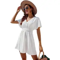 Torribaly Robe de plage décontractée à col en V et volants pour femme, couleur unie, manches courtes, ample, blanche, taille S