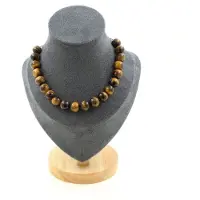 Bijoux Pierres et Minéraux. Collier 20 perles Oeil de Tigre 10 mm. Chaine en acier inoxydable Collier femmes, hommes. Taille personnalisab