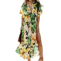Torribaly Robe longue d'été pour femme, manches courtes, col en V, décontractée, ample, longue, fendue, pour la plage, verte, taille XL