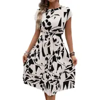 Jojomino Robe fleurie pour femme, col ras du cou, manches courtes, ceinture nouée, style mi-longue, fluide, style bohème, robe de plage, blanche, taille M