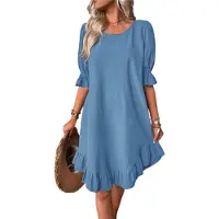 Torribaly Robe de plage courte à volants et manches bouffantes, col rond, ample et froncée, bleu, taille XXL