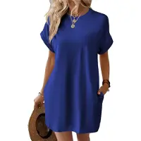 Jojomino Robe ample à manches courtes et col rond, couleur unie, avec poches, bleu, XL