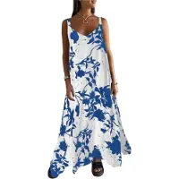 Typecat Robe d'été à bretelles spaghetti sans manches et col en V pour femme, style bohème, motif floral, maxi, taille XXXL