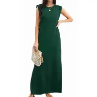 Torribaly Robe longue d'été décontractée à col rond et fente pour femme, sans plis, avec poches, vert foncé, taille S, 2025