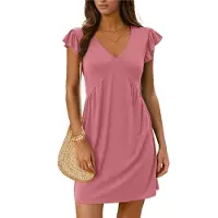 Semoic Robe ample plissée à col en V profond et manches lotus pour femme