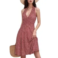 Torribaly Robe d'été courte à fleurs et col en V pour femme, sans manches, rouge brique, taille S