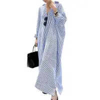 Torribaly Robe chemise longue décontractée à manches longues et boutons pour femme, ample et rayée, bleu, taille M