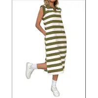 Jojomino Robe d'été rayée pour femme, coupe trapèze, manches courtes, col à revers, style t-shirt, poches, verte, taille S