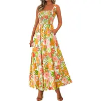 Torribaly Robe longue d'été sans manches à smocks pour femme, style bohème, bretelles spaghetti, coupe trapèze, fluide, pour la plage, jaune, taille XL