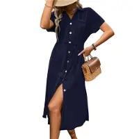 Semoic Robe d'été décontractée à manches courtes et couleur unie pour femme