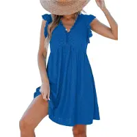 Semoic Robe cardigan à manches courtes et col en V avec bordure en dentelle, bleue