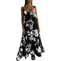 Typecat Robe d'été à bretelles spaghetti sans manches et col en V pour femme, style bohème, motif floral, maxi, bretelles, noire, taille L