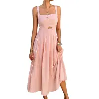 Torribaly Robe trapèze boutonnée à nouer sur le devant pour femme, robe mi-longue d'été à bretelles spaghetti, imprimé floral, rose, taille S