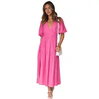 Typecat Robe mi-longue fluide à col en V profond et manches courtes bouffantes pour femme, taille haute, élastique, coupe trapèze, rose rouge, taille L