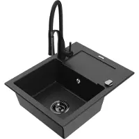Mexen Enzo granit évier 1 avec égouttoir y compris mélangeur Aster, noir/argent métallisé (6506-73-73450-70-B)