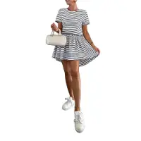 Typecat Robe d'été rayée pour femme, col ras du cou, manches courtes, blocs de couleurs, décontractée, coupe trapèze, noire, taille L