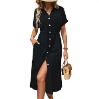 Semoic Robe d'été décontractée à manches courtes et couleur unie pour femme