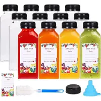 Jojomino Lot de 12 bouteilles de jus en plastique de 340 ml avec bouchons inviolables, étiquettes transparentes réutilisables, entonnoir et brosse