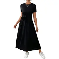 Torribaly Robe longue décontractée à manches courtes pour femme avec poches, noire, taille XXL