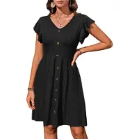 Torribaly Robes d'été pour femmes 2025, manches courtes à volants, col en V, décontractées, amples, évasées, boutonnées, noires, taille L