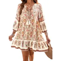 Torribaly Robe décontractée printemps-été pour femme, col en V, manches 3/4, motif floral, fluide, style bohème, mini, robe de plage courte, taille L