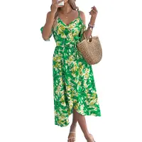 Torribaly Robe d'été style bohème pour femme, épaules dénudées, bretelles, col en V, décontractée, fendue, longueur cuisse, fluide, longue, verte, XL