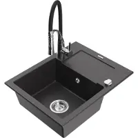 Mexen Enzo granit évier 1 avec égouttoir y compris mélangeur Aster, noir moucheté (6506-76-73450-07)