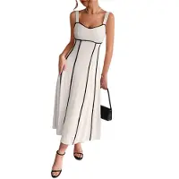 Semoic Robe longue rayée à bretelles spaghetti et découpes pour femme